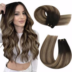 MORESOO Human Hair Weft Extensions 14-24inch 100G Double Weft Sew in Hair Bundles Machine Weft Remy Silky Straight Hair Quality Thick Hair Brown Human Hair Extensions