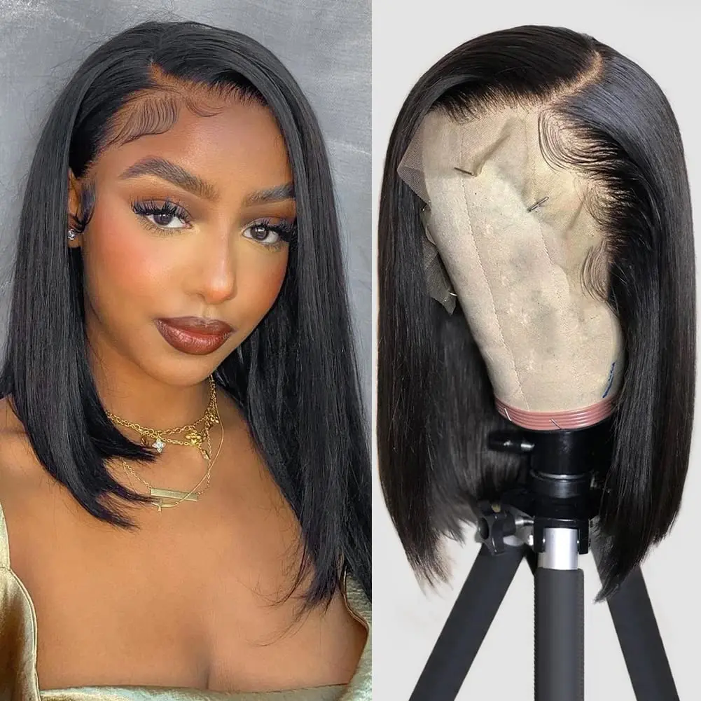 Crevole Straight Bob Wig Human Hair 13x4 HD Frontal Lace Wig Short Bob Wigs for Women Glueless Bob Lace Front Wigs Human Hair Pre Plucked 180% Density Natural Black Color