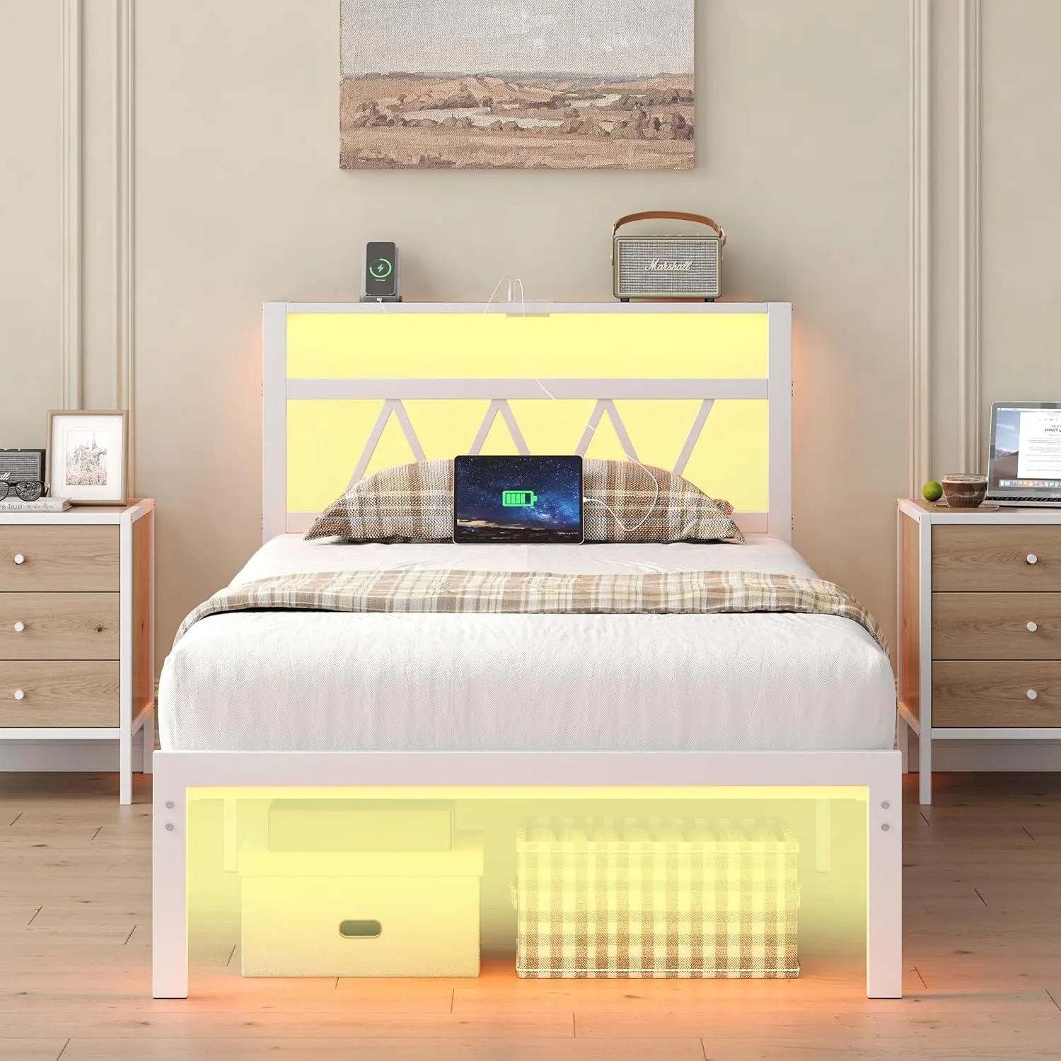 Bed Frame with Smart LED Lights and Bed Wood Slats No Box Spring Needed Noise Free Easy Assembly Twin Full Queen King Size Modern Design Bedroom Furniture White