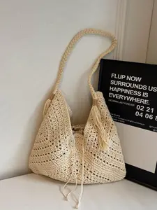 Boho Style Crochet Tote Bag, Large Capacity Shoulder Bag for Women, Casual Trendy Versatile High-quality Daily Commuting Bag, Girl Fashionable Shopping Bag