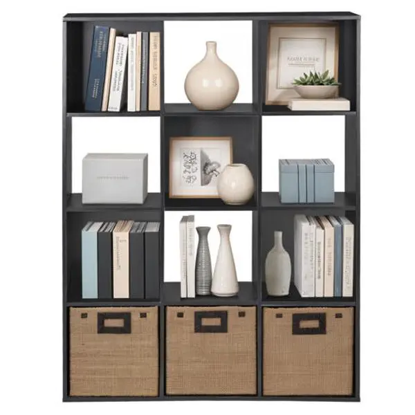 ZENSTYLE 12-Cube Wooden Storage Organizer - Stackable Display Shelf Cabinets Book Rack with Removable Backs, Black, 77lbs Max Load, for Living Room