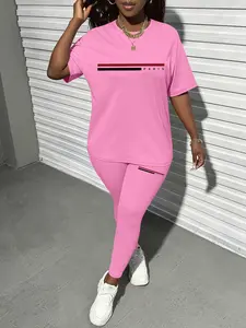 Printed pattern Women's Tee & Skinny Pants Two-Piece Set, Casual Fashion Cozy Round Neck Short Sleeve T-Shirt & Trousers for Daily Outdoor Wear, Ladies Spring Summer Clothes