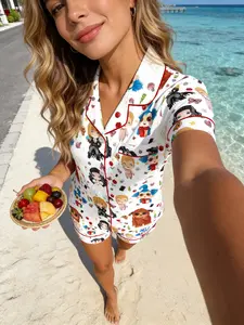 Women's Short Sleeve Pyjama Set, Cartoon Fantasy Characters Full Print, Casual Breathable Home Wear, All Seasons