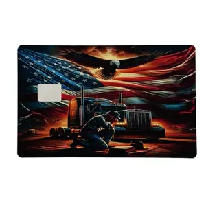 Praying Trucker Credit Card Skin with American Flag and Eagle Design Featuring Patriotic Theme and Iconic Truck Scene