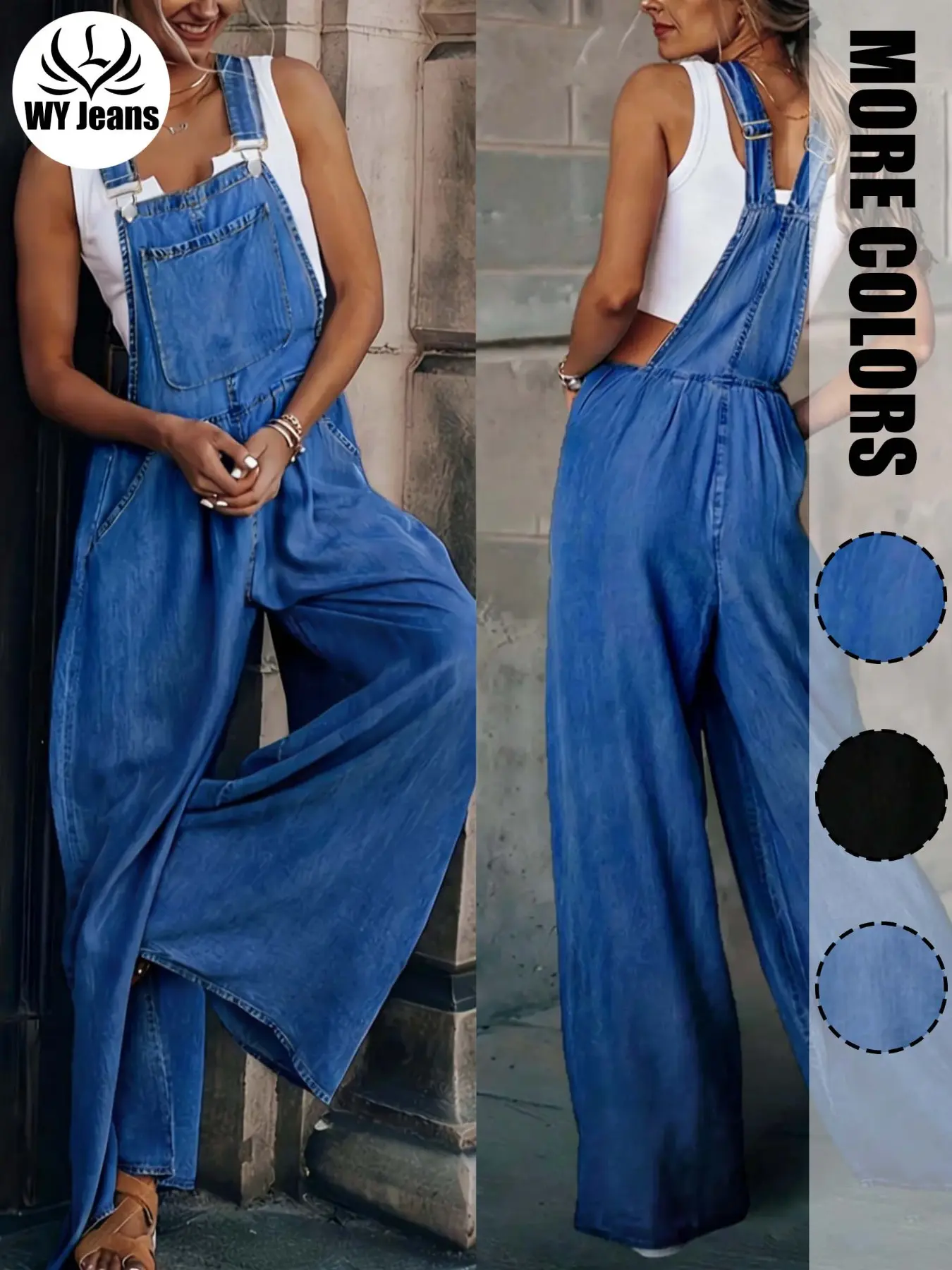 Plus Size Solid Color Denim-effect Print Loose Overalls, Sleeveless Pocket Overalls for Everyday Outdoor Wear, Women's Plus Clothing for All Seasons, Dungarees, Casual Comfy Jumpsuit, Street Fashion Jumpsuit