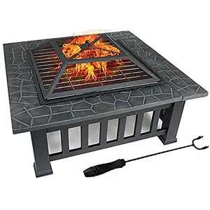 32 Outdoor Fire Pit Square Metal Firepit Patio Garden Stove Wood Burning