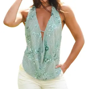 Women's Halter Neck Vest Summer Sleeveless Open Back Fashionable Sequins Flower Tank Tops Green Day
