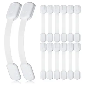 10 Pack Plastic Solid Adjustable Child Safety Cabinet Latches - No Drill Baby Proof Drawer Strap Locks, Baby Items for 0-2 Years, 6 Extra 3M Adhesive Tapes for Kitchen Bathroom Furniture