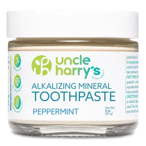 Uncle Harry's Alkalizing Mineral Peppermint Toothpaste - Gluten-Free, Vegan, Fluoride-Free, Natural Ingredients, 3 oz Glass Jar, Leaping Bunny Certified, Women Business Owned Certified, Non GMO Certified