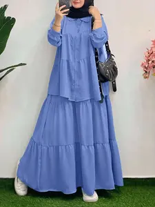 Women's Lapel Long Sleeve Layered Button-Down Shirt + Elastic Waist Layered Skirt Set, Fashion Muslim Set, Casual Loose-Fit Two-Piece Matching Set for Spring & Fall