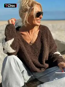 Women's Soft V Neck Sweater, Autumn Winter Loose Knit Pullover, Fit New Design Star Pattern Top, Casual Fashion Long Sleeve Shirt, Knitwear Women Fashion Everyday Ladies Comfort Classic Cute Fashionable