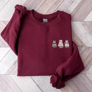Embroidered Cat Christmas Sweatshirt, Tis The Season Holiday Crewneck, Merry and Bright Sweater, Cute Winter Gift for Cat Lovers