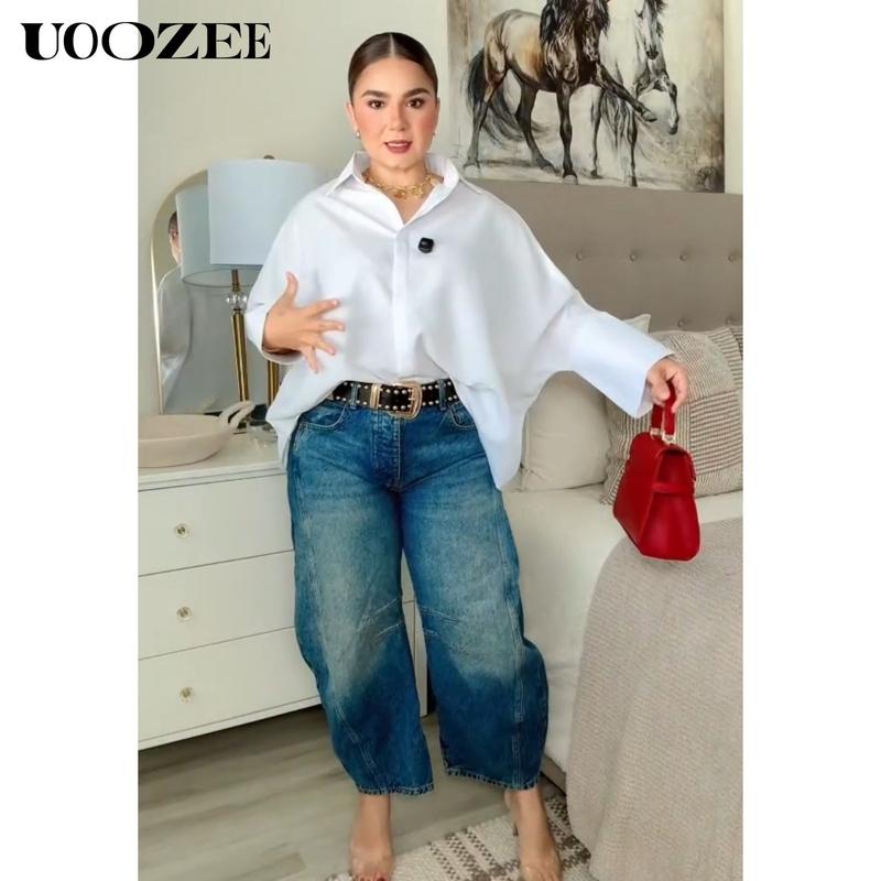 UOOZEE Women's  Loose Oversized Fit Multi-Colored Lapel Shirt Tops for all seasons loose and simple Polyester oversized versatile commuting suitable for a variety of occasions Collared Longsleeves cute fall outfits going tops office outfits  Chic  Casual