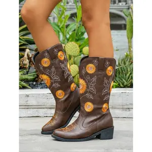 Women’s denim boots with sunflower embroidery, mid-calf western style, pointed toe low heel, unique fashion gift for Mother’s Day