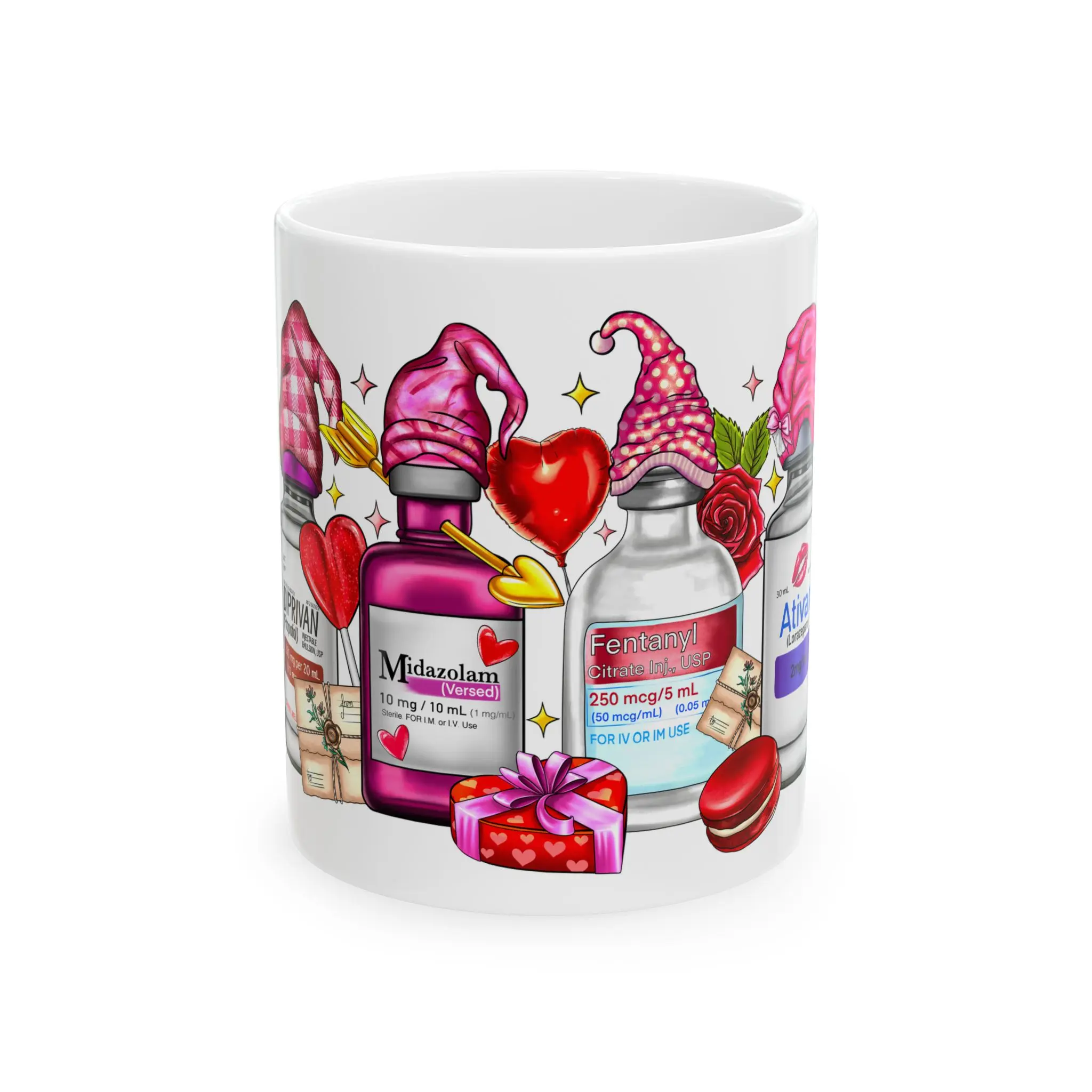 Cute Medicine Bottle Valentine Mug | Floral Pills Heart Candy Illustration