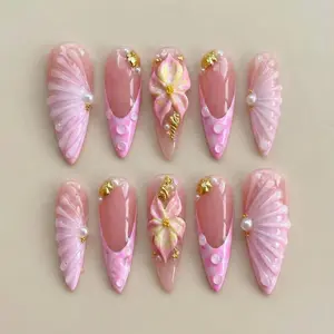Pink Mermaid Shell Press On Nails: 3D Pearl Floral Gold Nautical Gift for Her