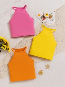 Three-piece set of girls' ribbed halter design vests, vibrant and eye-catching, versatile children's clothing suitable for all scenarios including campus and vacation