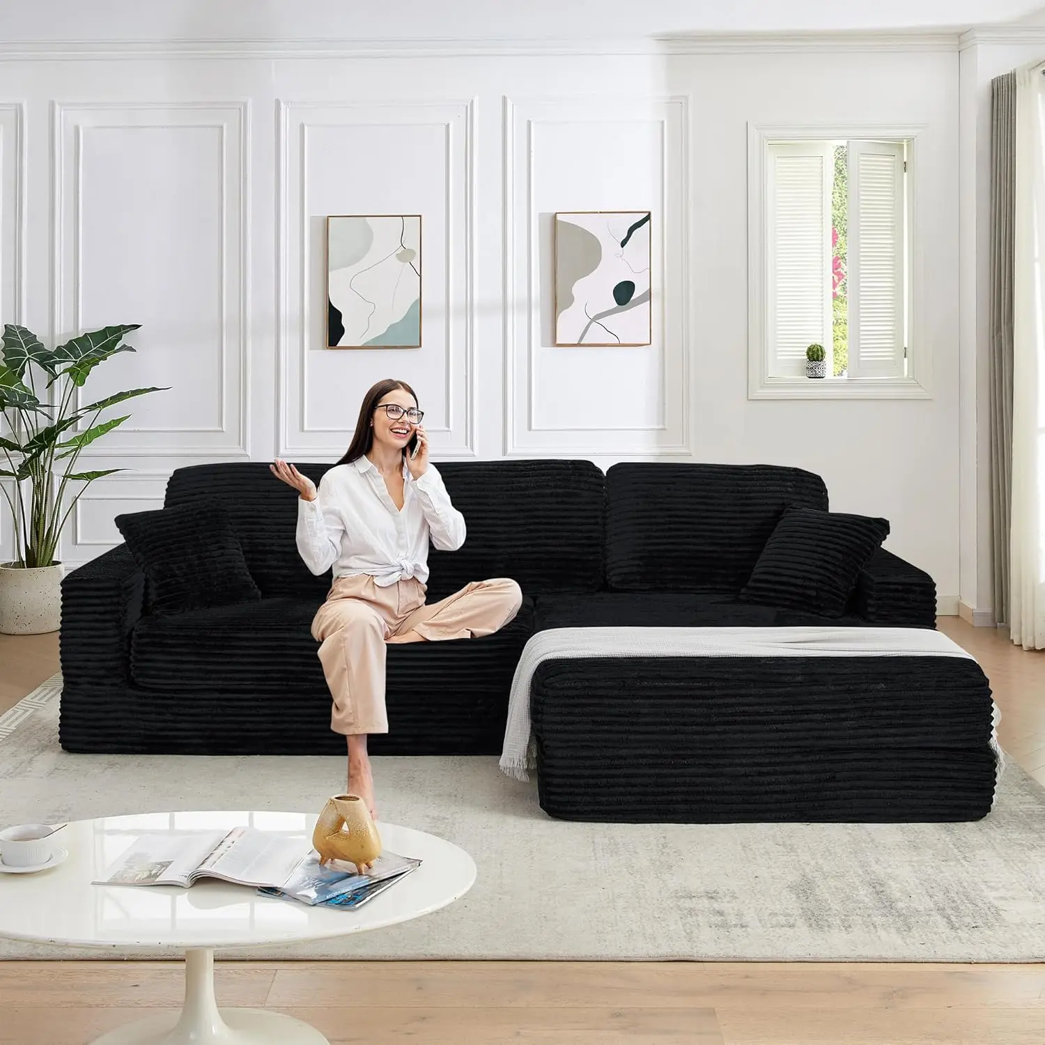 110" L Shaped Cloud Sofa Couch, Oversized Comfy Corduroy Sleeper Sofa Couch Bed with Deep Seat, Convertible Sectional Couches Bed for Living Room, No Assembly Required, Right Facing Chaise, Black
