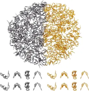 NBEADS 400 PCS 304 Stainless Steel Bead Tips, Open Clamshell Fold-Over Bead Tips Knot Covers End Caps Knots Crimp Findings for Jewelry Making Bracelets Necklaces - Golden & Stainless Steel Color