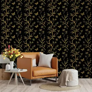 New Chinese Style Gold Wallpaper, Plum Blossom Bamboo Butterfly Pattern, PVC with Adhesive Back, Easy Peel and Stick, Kitchen/living Room/bedroom Decor