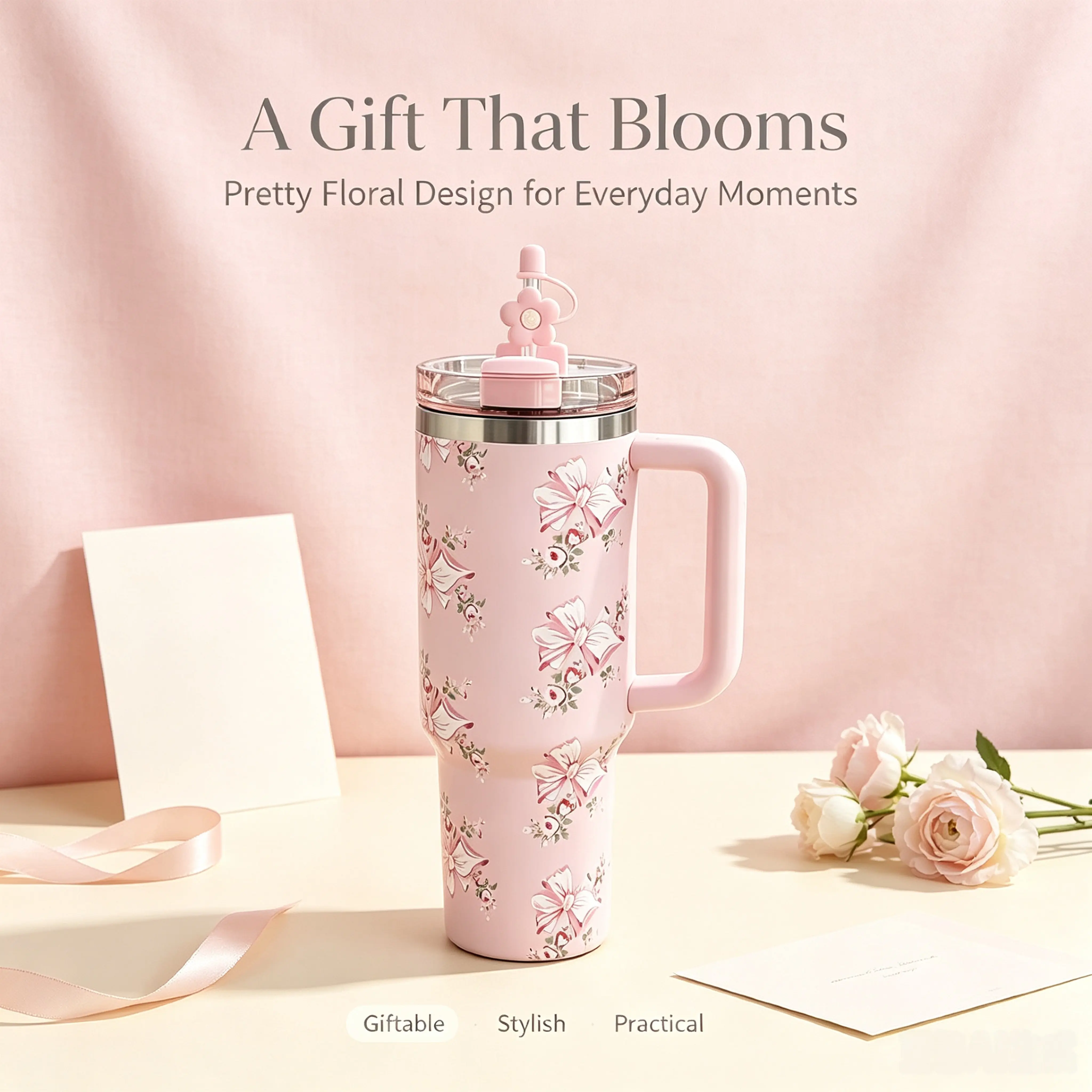 Women's 40oz (1L) Stainless Steel Insulated Tumbler, Modern Coquette Pink Floral Print, Leak-Proof Cold & Hot Mug with Lid, Flower Straw Cover, Handle, Single Unit for Car/Office, Ideal Birthday Gift