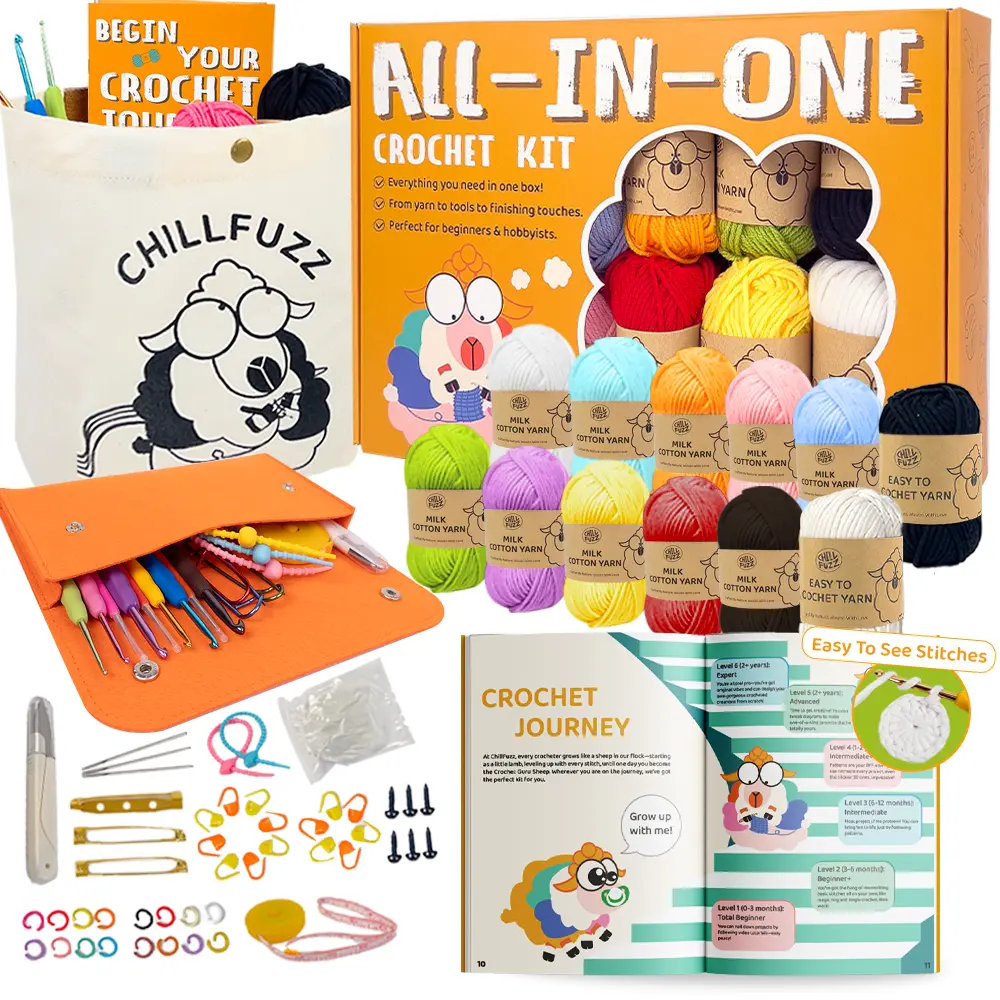 ChillFuzz All-in-One Crochet Kit for Beginners 85 Piece Complete Set with Yarn Hooks Pattern Book & Easy-to-See Stitches