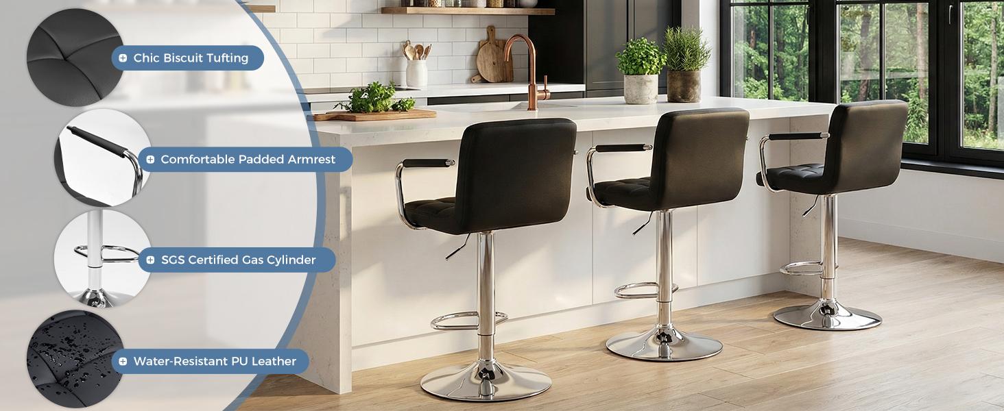 Bar Stools Set of 2 with PU Leather, Swivel High Back Bar Stools with Handles for Kitchen Island