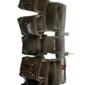 Dark Brown Leather Tool Pouch for Construction with Multiple Pockets and Adjustable Belt Design Ideal for Professionals