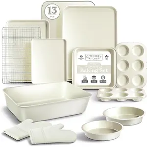 Nonstick Stackable Bakeware Set - Deluxe Heavy Duty Durable Easy Release Baking Set, Cream, 13 Pcs