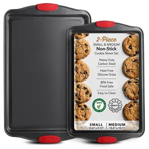 Premium Baking Sheet Set - 2-Piece Small & Medium Non-Stick Cookie Sheets with Silicone Handles, Heavy Duty Carbon Steel, BPA Free, Easy to Clean, Black Baking Trays