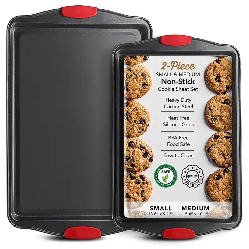 Premium Baking Sheet Set - 2-Piece Small & Medium Non-Stick Cookie Sheets with Silicone Handles, Heavy Duty Carbon Steel, BPA Free, Easy to Clean, Black Baking Trays