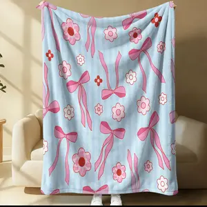 Girlish Pink & Blue Bow & Flower Blanket, Multi-Style Bow Print, All Seasons Use, Suitable for Bed Sofa Car Room Decor Gift, Kids and Adults