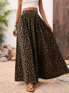 Trendy Leopard Print Floor-Length Dress, Women's Summer Casual Elastic Waist Flowing Long Midi Skirt, Stylish and Comfortable