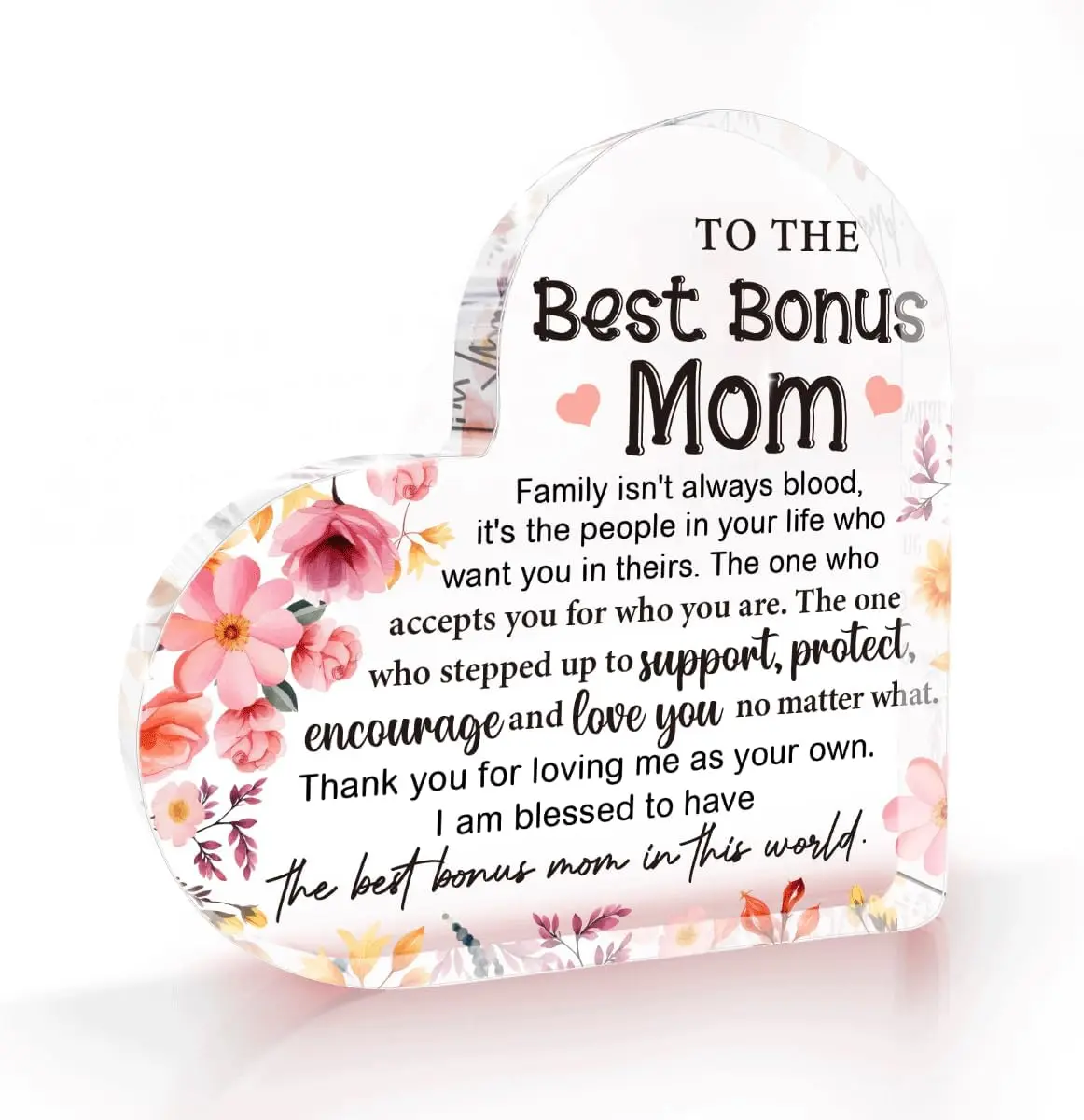 Bonus Mom Step Mom Mothers Day Gifts for Stepmom from Son Daughter I Love You Thank You Birthday Gifts for Bonus-mom Step-Mom Office Desk Decor For Home Heart Acrylic Sign