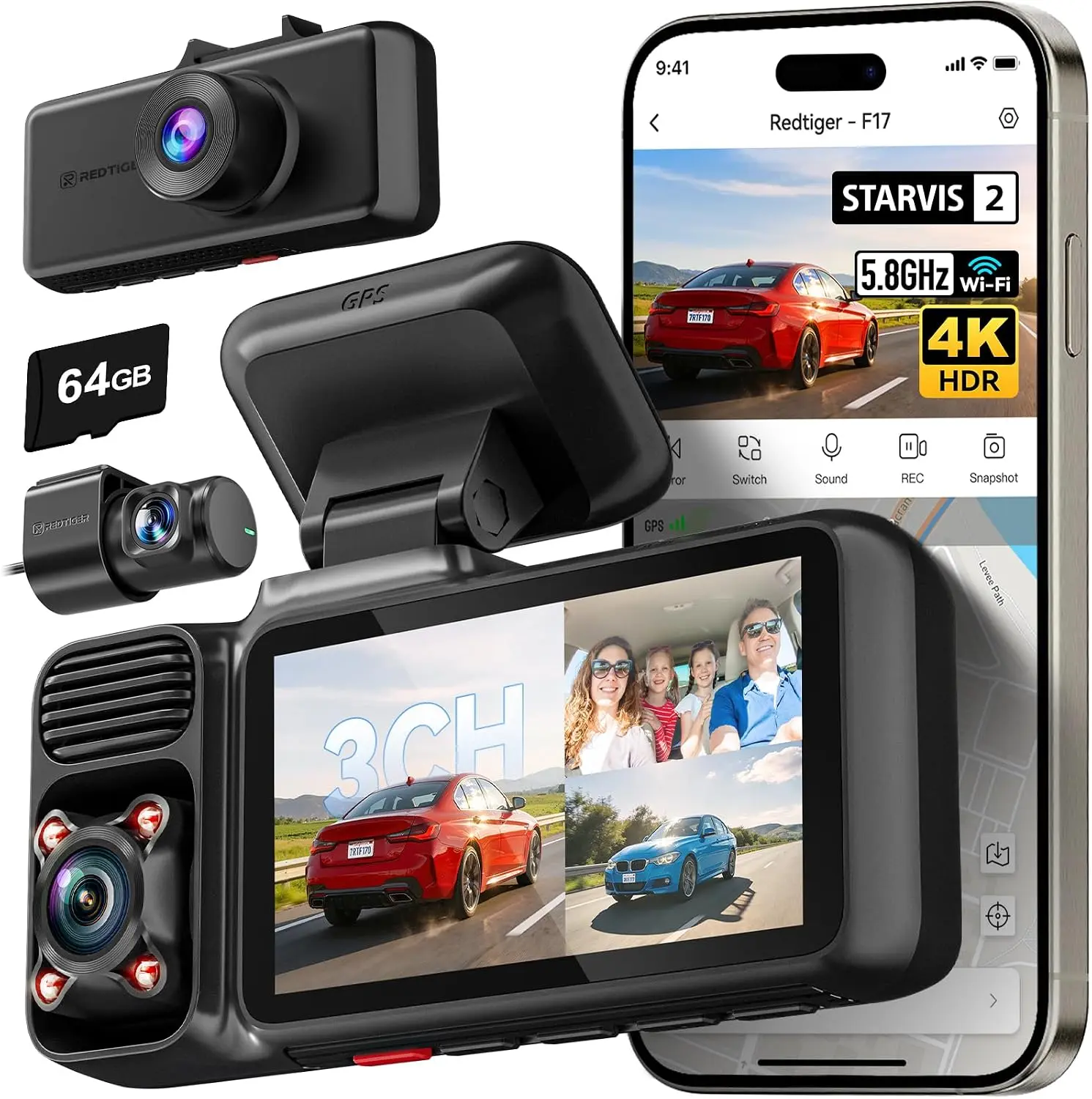 REDTIGER F17 4K 3 Channel Dash Cam, STARVIS 2 IMX675 HDR, Front Inside and Rear Triple Car Camera with 64GB Card, 5.8GHz WiFi GPS, IR Night Vision, G Sensor, WDR, Parking Mode