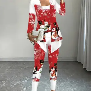 Festive Christmas 3-Piece Set - Cartoon Snowman Print Knit Outfit - Polyester Long Sleeve Tank Top, Cardigan, and Pants, Round Neck - Perfect for Festive Events
