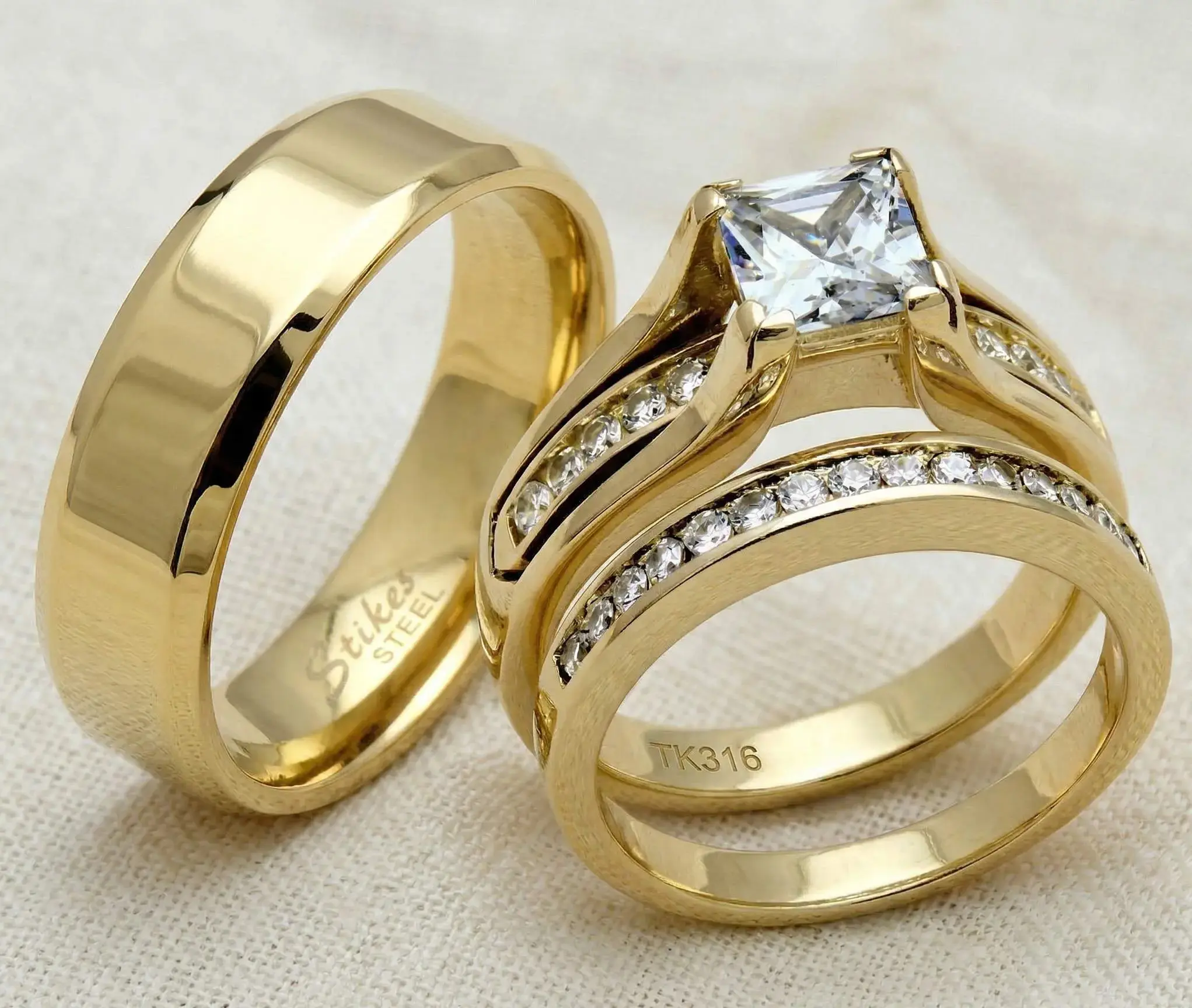 Lanyjewelry Hypoallergenic His & Hers 14 Karat Gold-Plated incess Round  Engagement Wedding Set - Men’s Flat Stainless Steel Gold Band, Artificial Gemstone Ring, Stainless Steel Rings, Non Tarnish Jewelry Love Gift