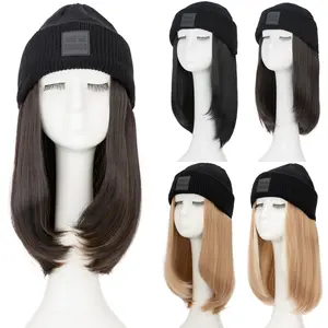 11" Knited Hat Wig Beanie Hat With Long Straight High Temperature Fiber Hair Extensions Knit Rib HatAttached Synthetic Hairpiece Elegant Black Warm Woven Wig Cap For Women Fall And Winter Brown Blonde Balayage