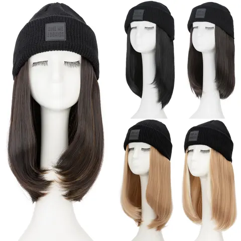 11" Knited Hat Wig Beanie Hat With Long Straight High Temperature Fiber Hair Extensions Knit Rib HatAttached Synthetic Hairpiece Elegant Black Warm Woven Wig Cap For Women Fall And Winter Brown Blonde Balayage