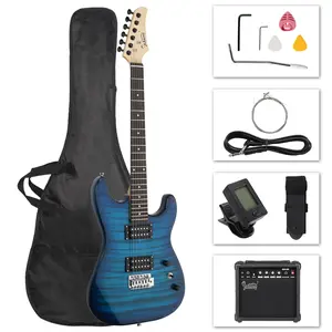 GST Stylish Electric Guitar Kit 39 Inch H-H Pickups Beginner Electric Guitar Set with 20W Amplifier Bag Strap Cable Accessories for Adults & Teens (Tiger Blue) string instrument beginner kit shop
