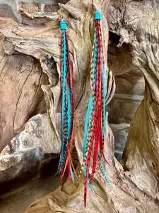 Turquoise Brown Red Feather Earrings 8 Inch
