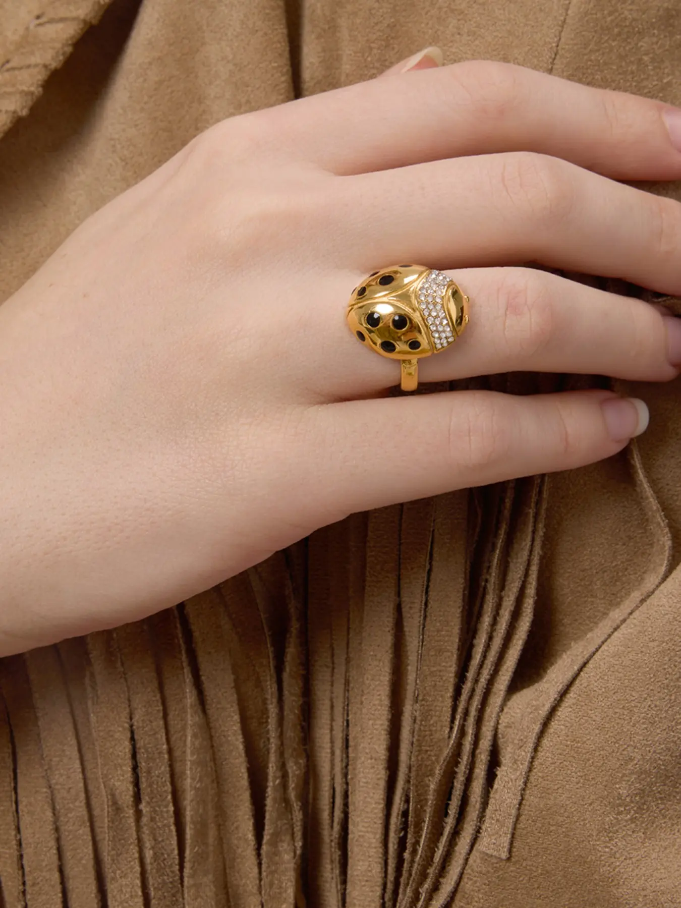 Ladies Ring Oil Dripping White Zirconium Ladybug Open Ring Stainless Steel 18k Gold Plated Waterproof And Anti Allergy Classic Style Fashionable Party Jewelry