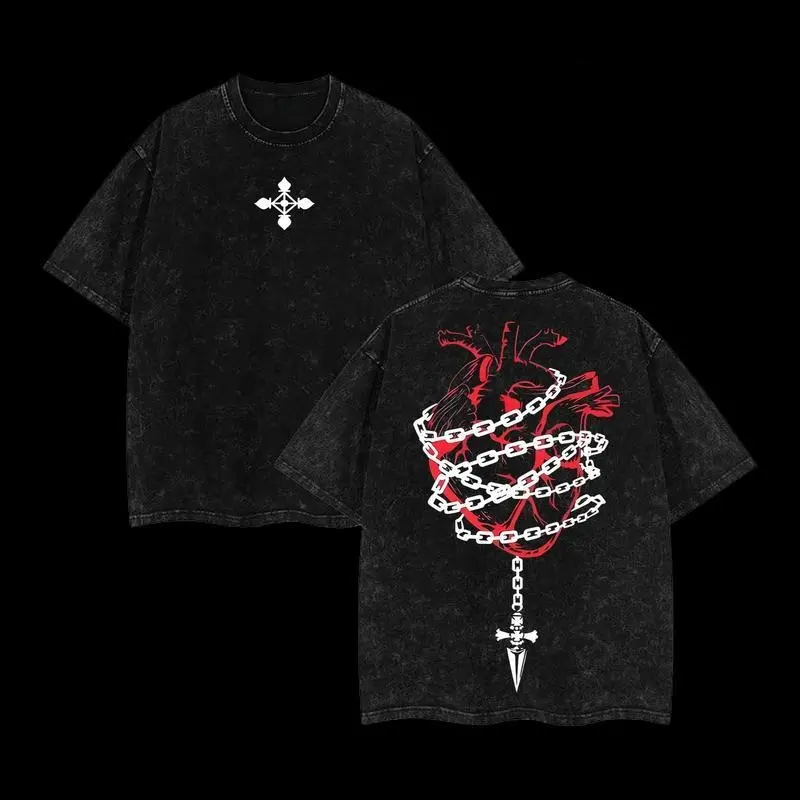 Menswear Retro Vintage Washed Hunter x Hunter Kurapika Double-Printed Short-Sleeve Oversize Heavyweight Cotton Unisex Casual Tee, Tshirt, Shortsleeve, Tops, All Seasons, Washed Effect, Oversized Fit, Double Print, Graphic T Shirts, Streetwear, Retro Unise