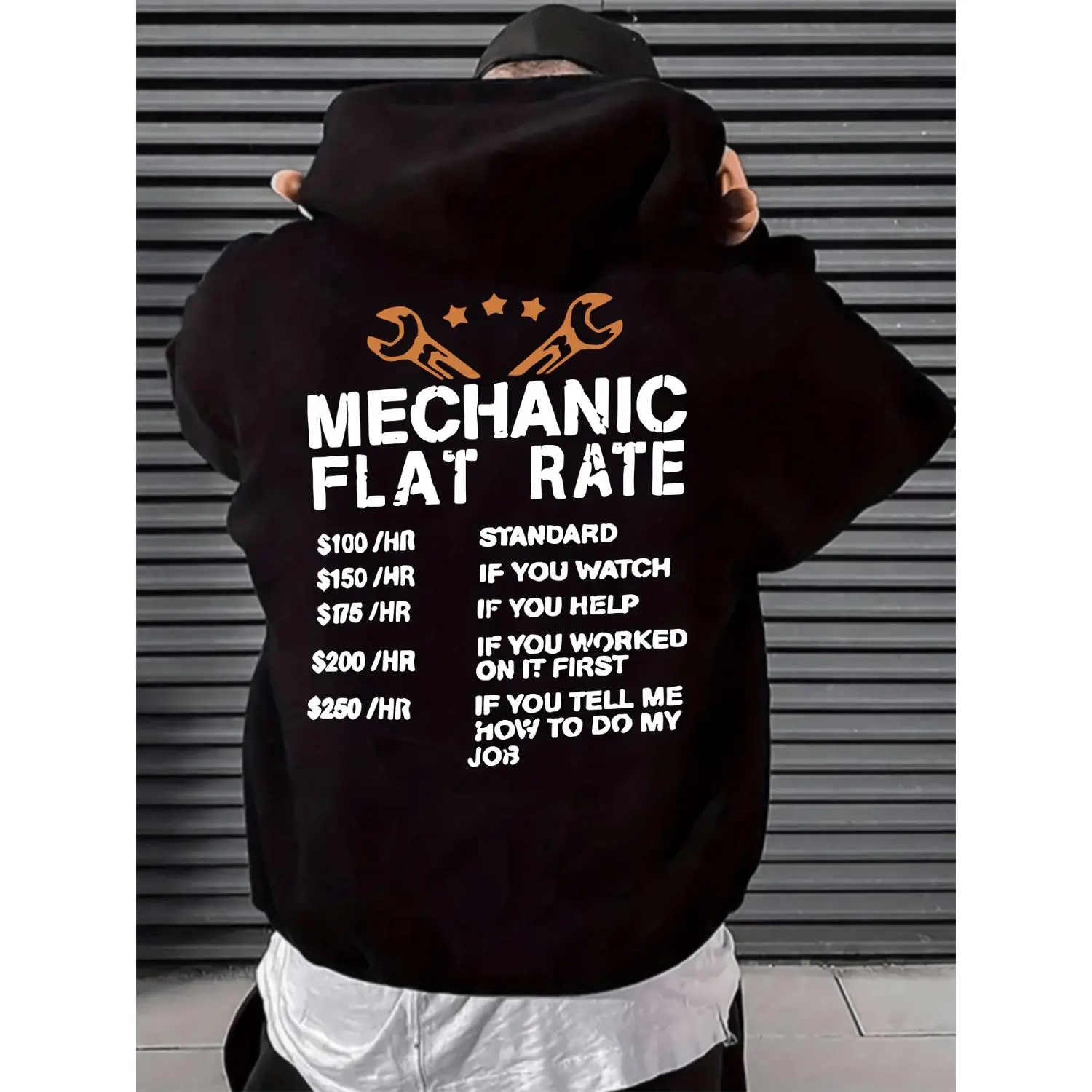 Mens Mechanic Themed Hoodie Sweatshirt Featuring Flat Rate Pricing Chart Print with Hourly Rates 50 to 250 Perfect for Auto Repair Technicians Mechanics Carpenters and Tradespeople Unisex 2025 Couple Hoodie