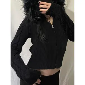 Women's Fall Winter Faux Fur Hooded Knit Cardigan, Street Style Long Sleeve Zipper Sweater Coat, Casual for Ladies