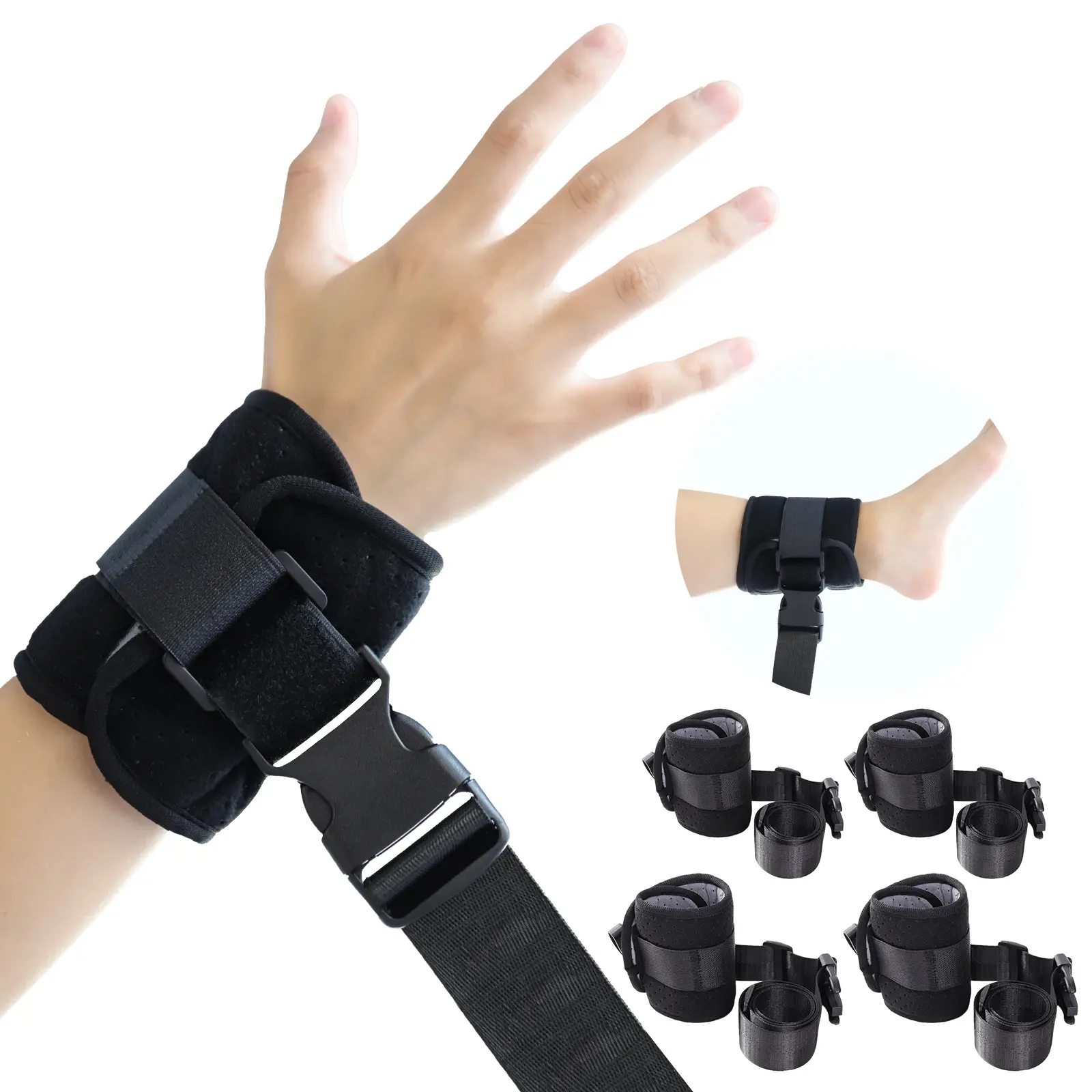 Medical Adjustable Long Restraint Handcuffs Secure Set of 4 - 2 Standard, 2 Large Wrist & Ankle Straps, Sturdy Quick-Release Buckle, Ventilated Cushion Pads, Healthcare Anti-Scratch Self-Harm Prevention Tool for Hospital Beds, Home Care