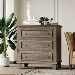 Gaomon 3-Drawer Farmhouse Wood Dresser with Vintage Handles, MDF Cabinets, Modern Home Furniture, Anti-Tips Storage Unit, Gray Bedroom Dresser & Living Room Sideboard Nightstand