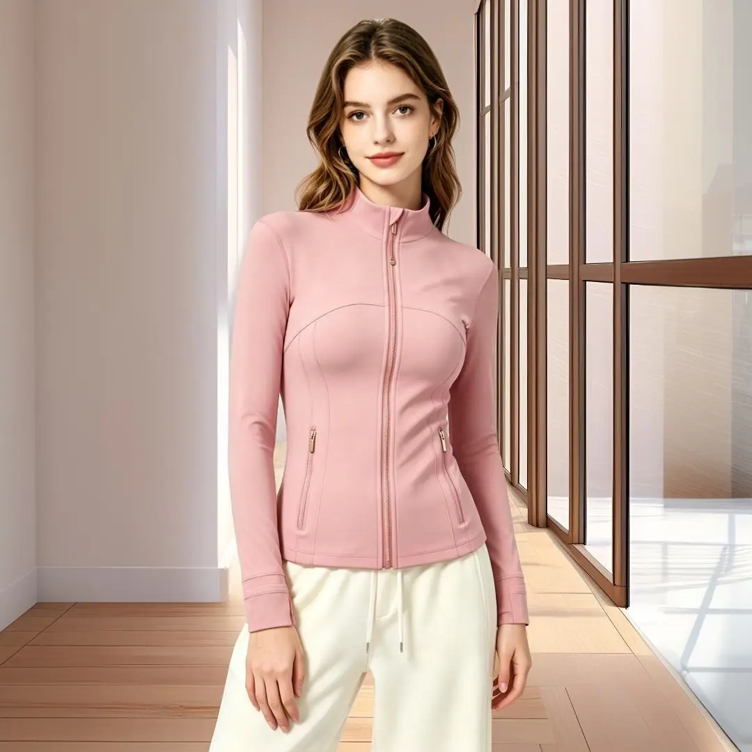 Women's Casual Slim Streamline Zip-Up Jacket, Golden Zipper, With Thumbholes & Pockets