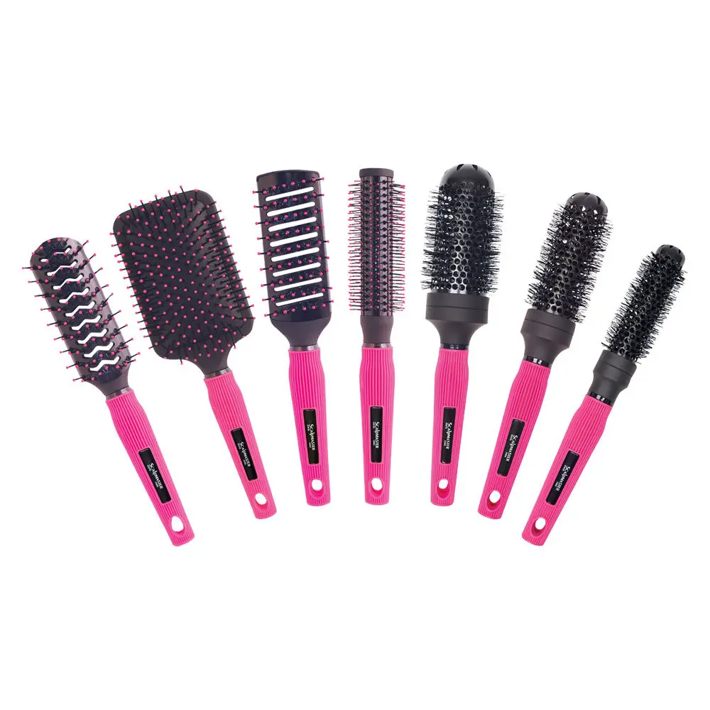 Scalpmaster Rebel Collection 7-Piece Ceramic Hair Styling Brush Set for Blowouts, Includes Heated Round Brushes and Travel Case, Pink, Heated Round Brush