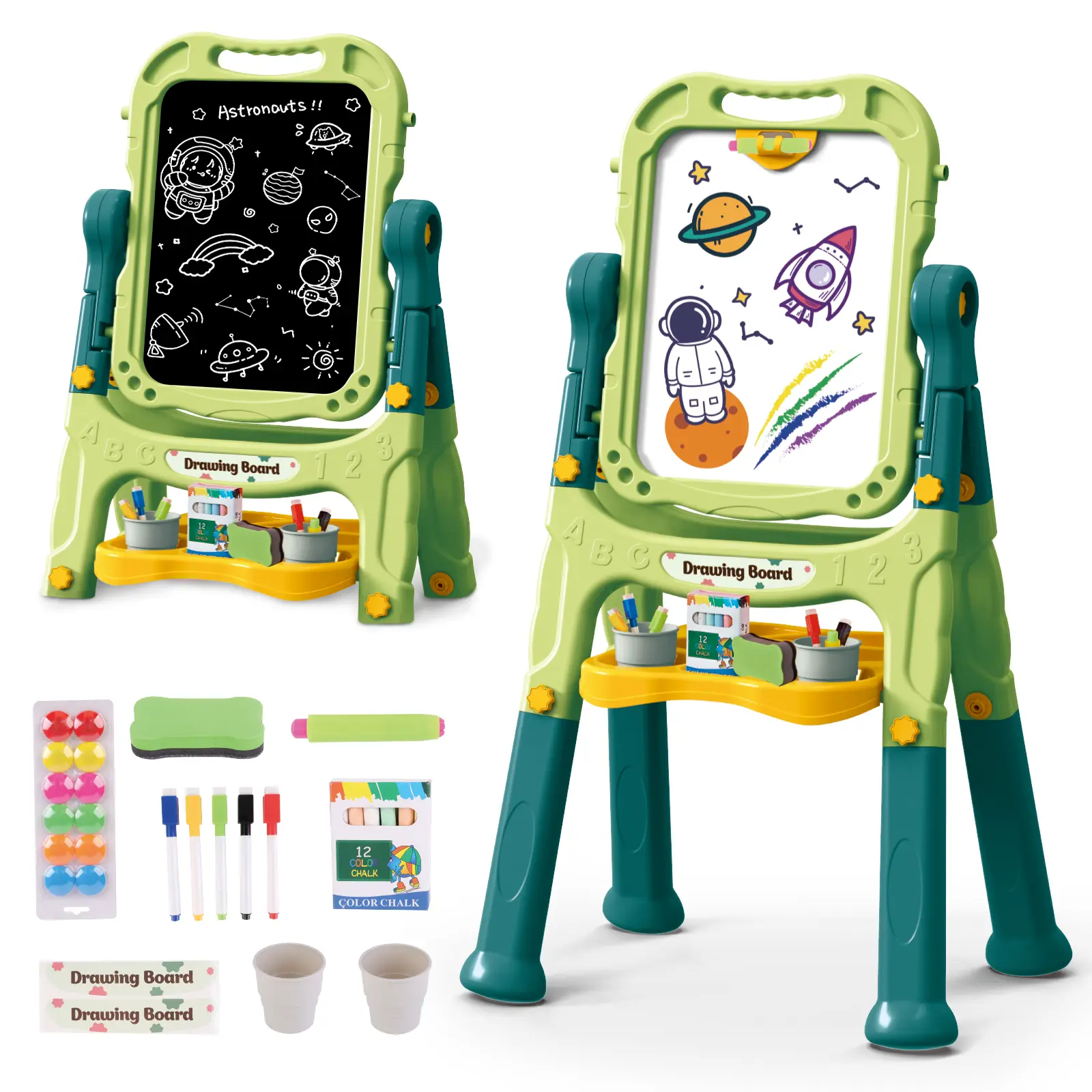 deAO Art Easel for Kids, Art Magnetic White Board & Chalkboard Double Side Adjustable Stand Drawing Writing Learning Educational Toy ，4 in1 Double-Sided Large Magnetic Drawing Chalk Board Kids Painting Easel
